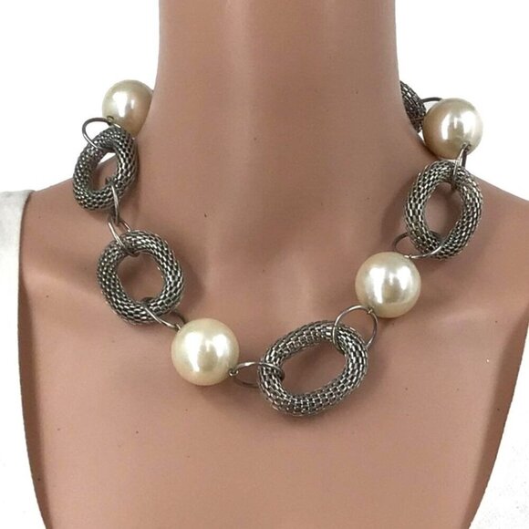 Chunky Statement Necklace Oversized Faux Pearl Silver Tone Chain - Picture 1 of 2